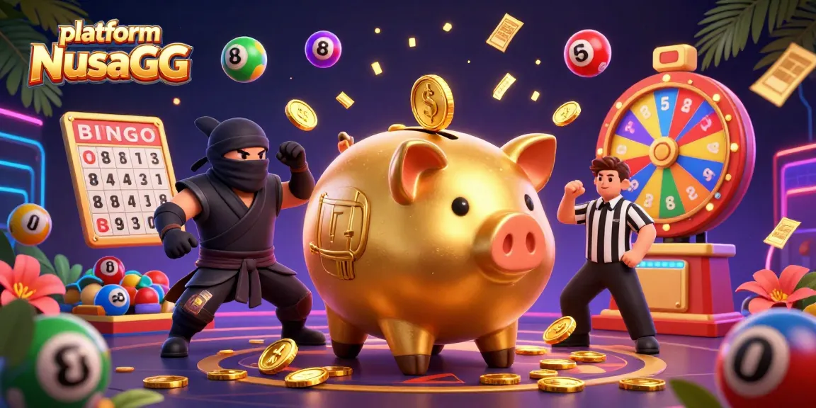 Engage with platform NusaGG in a lively casino scene featuring a golden piggy bank, ninja, and samurai.