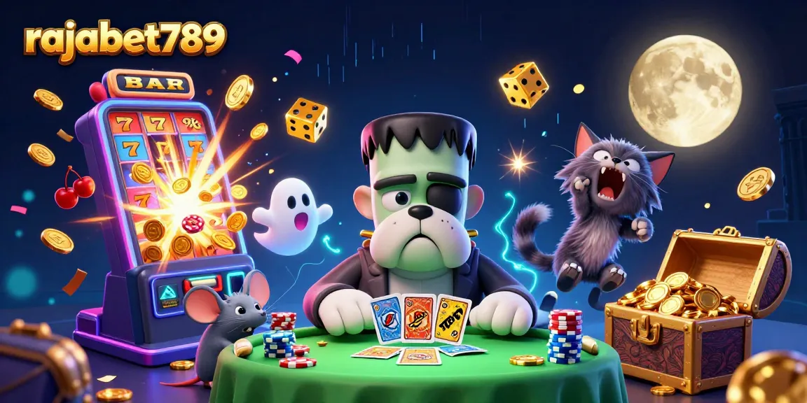 Rajabet789 menghadirkan suasana kasino dengan Frankenstein bulldog yang bercard, kucing werewolf, dan mouse hantu.