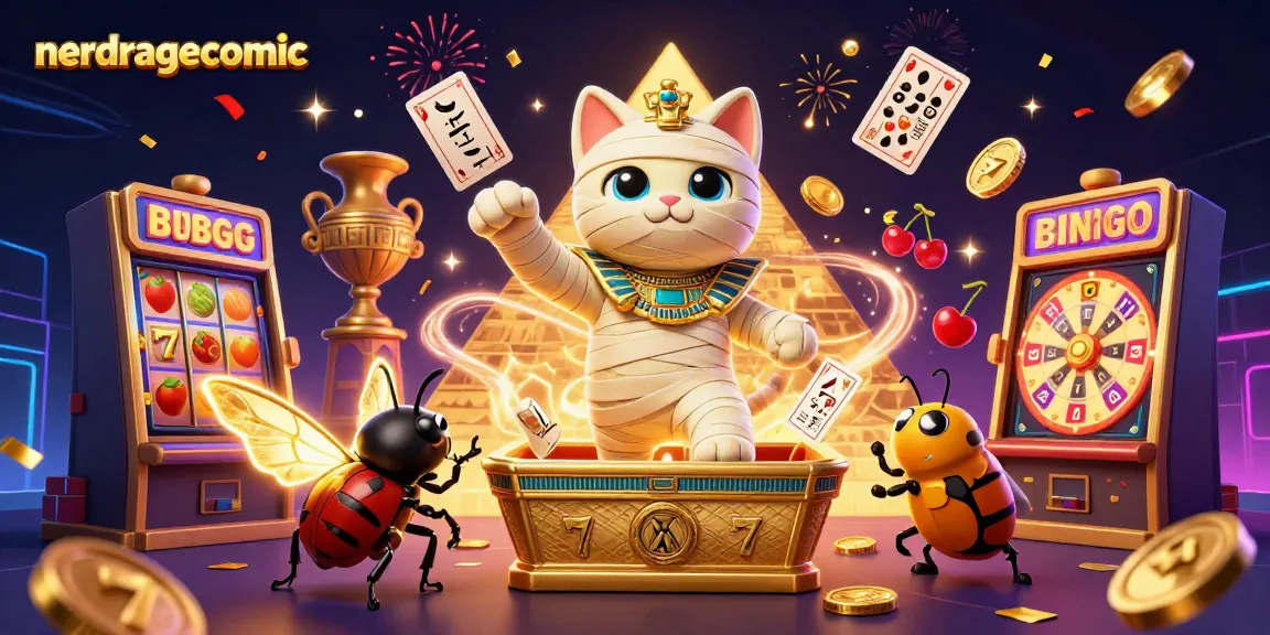 Gambaran ilustrasi 3D menampilkan nerdragecomic dengan kucing mummy Mesir dan elemen kasino yang meriah.