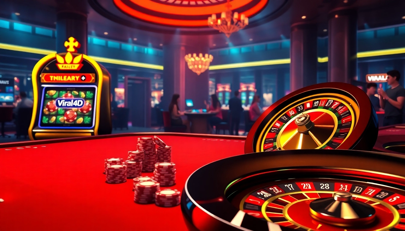 Experience the excitement of viral4d gaming with a vibrant casino scene featuring sleek slot machines and colorful poker chips.