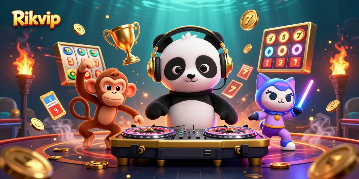 Join the excitement at Rikvip with animated characters celebrating casino gaming fun.