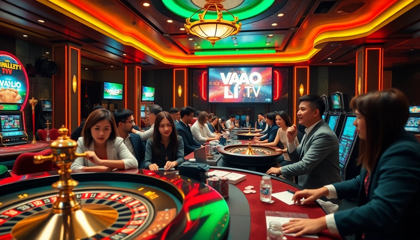 Experience the thrill of gambling at Vào Lưới TV with an exciting casino atmosphere featuring roulette wheels and poker tables.