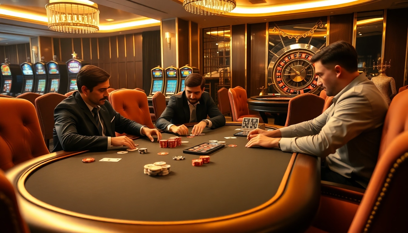 78Win poker players strategizing over a luxury table in an upscale casino scene.
