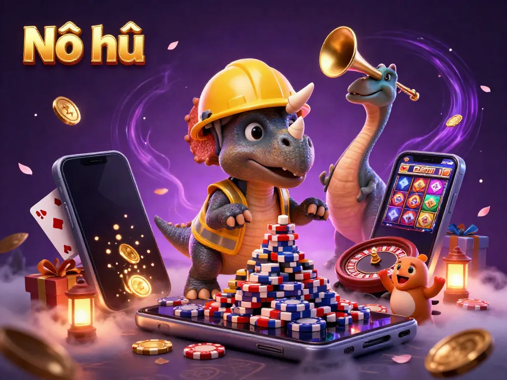 Nổ hũ brings excitement with a triceratops stacking poker chips while a parasaurolophus celebrates amidst vibrant casino elements.