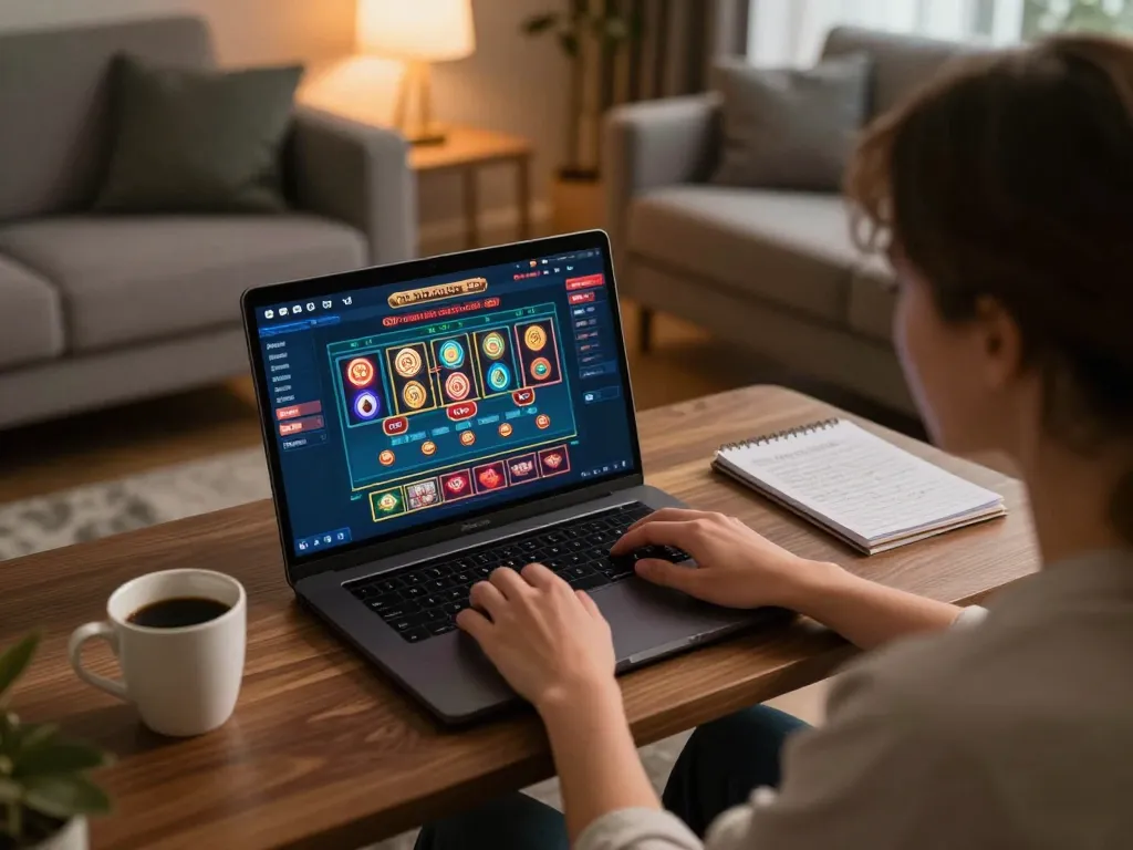 Using https://123win.click/ for online casino gaming at home, showcasing a strategic and comfortable setup.