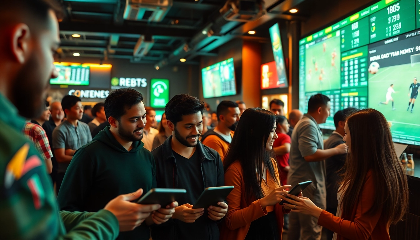 Dynamic sports bar scene with bettors analyzing kèo nhà cái in real-time.