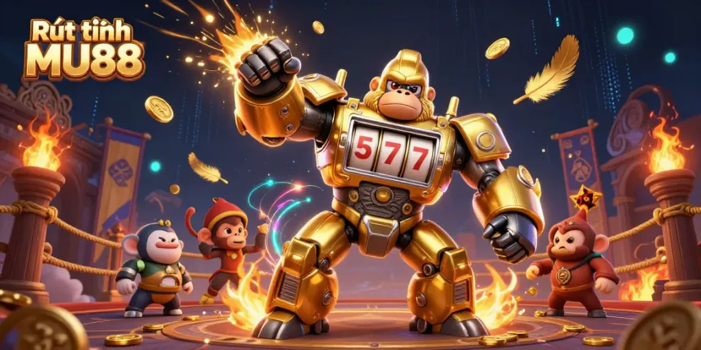 Experience thrilling wins with Rút tiền MU88, featuring an epic golden gorilla mech in a vibrant casino scene.