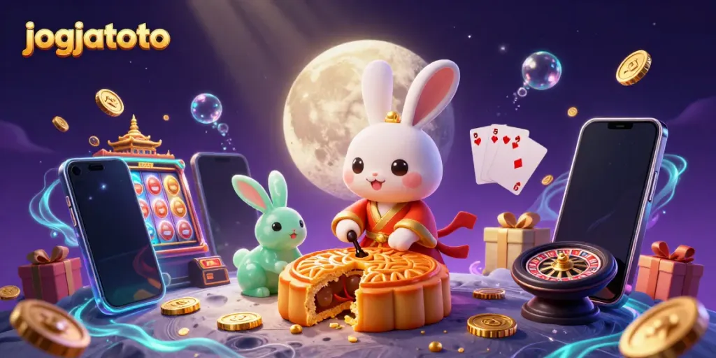 Engage with jogjatoto's vibrant casino scene showcasing a moon rabbit crafting golden mooncakes revealing poker chips.