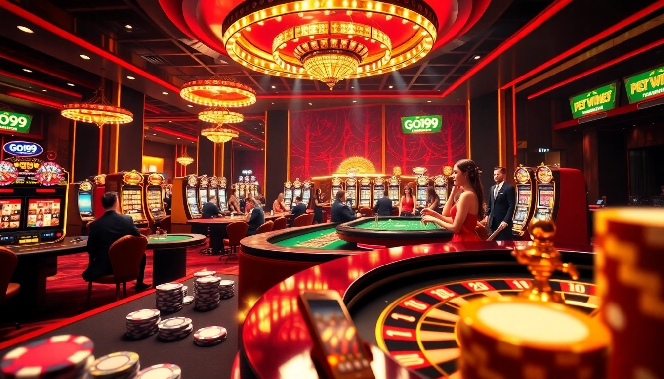 Experience the excitement at go99 with vibrant roulette tables and engaging players in a luxury casino scene.