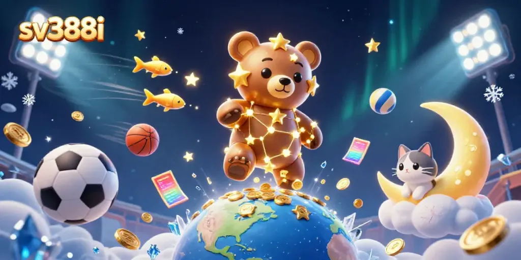 Engage with sv388i's dynamic gaming scene featuring golden bear, sports balls, and captivating casino elements.
