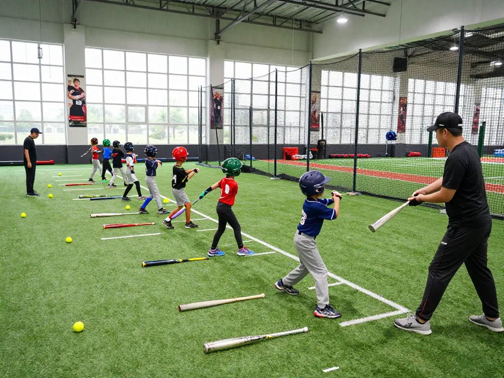 Hitclub young athletes practicing at an indoor baseball training facility.