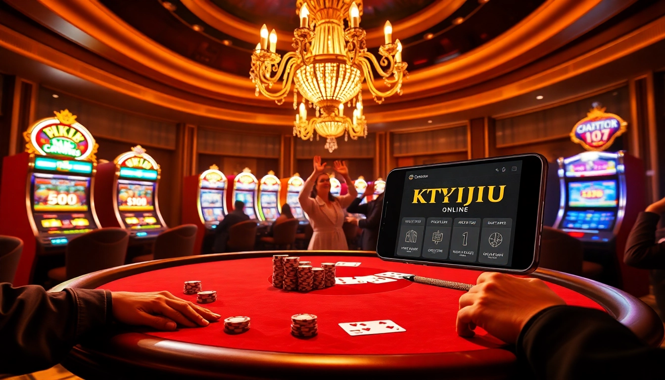 KTPJITU online platform displayed on a smartphone amidst an opulent casino setting.