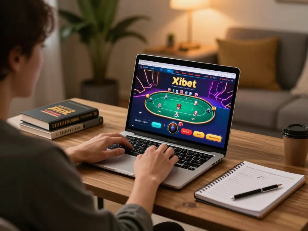 Xibet player enjoying an online poker game at home, highlighting strategic gameplay.