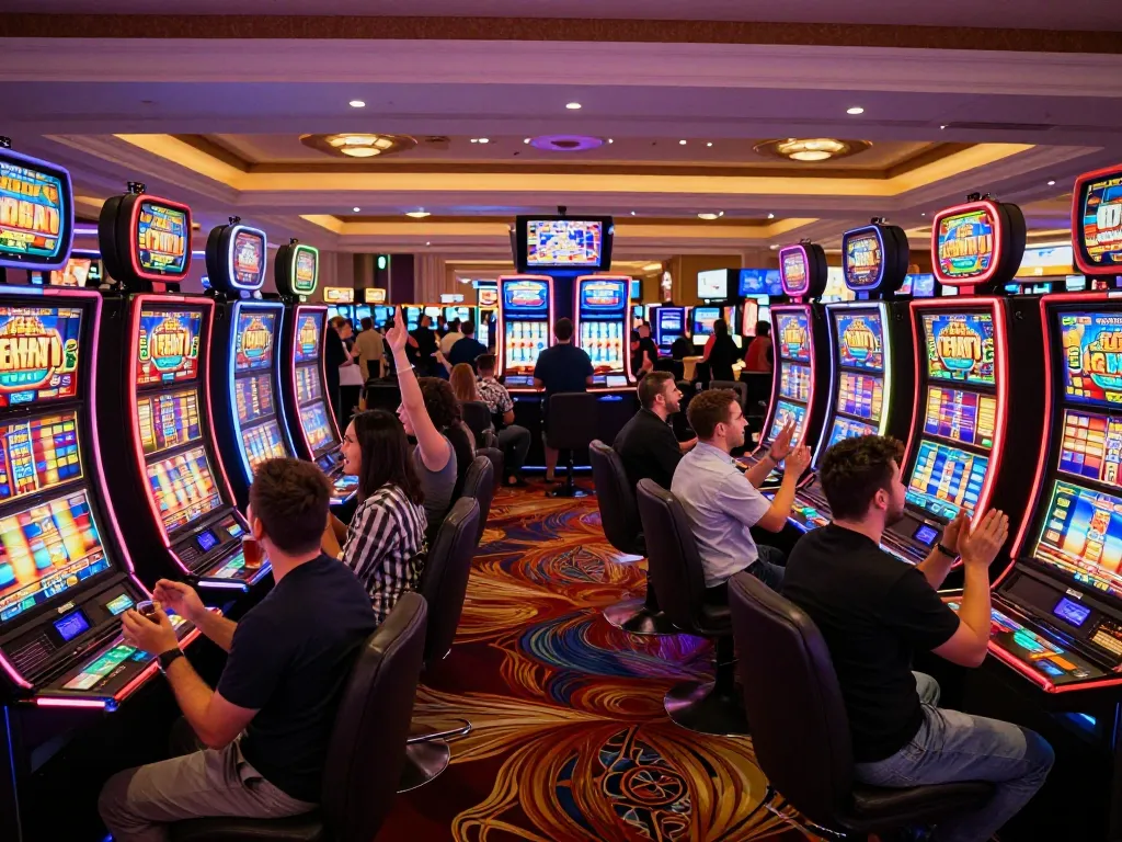 Engaging atmosphere of kerajaanslot with players celebrating wins at colorful slot machines