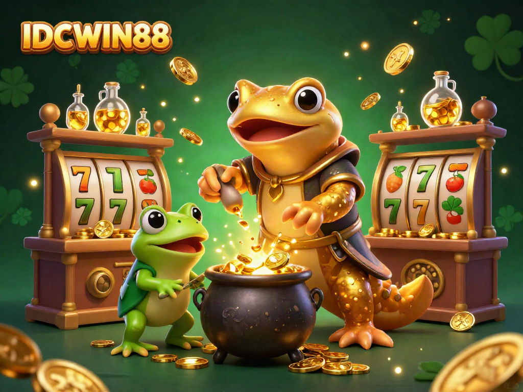 Experience the thrill of IDCWIN88 with a 3D golden salamander alchemist in a vibrant casino scene.