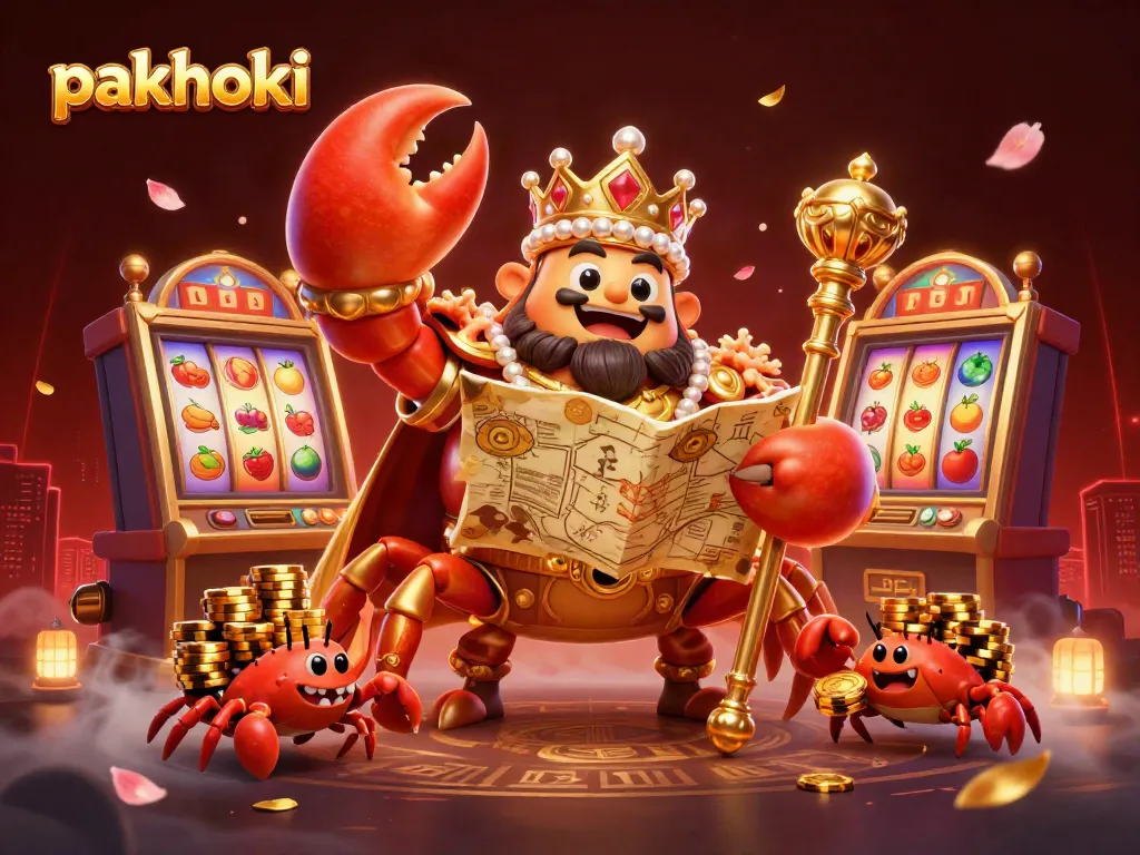 Menggunakan pakhoki untuk permainan slot dengan simbol beruntung dan kliping emas bertumpuk.