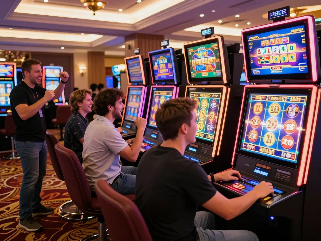 Players enjoying the thrill of slot gacor machines, celebrating wins in a vibrant casino atmosphere.