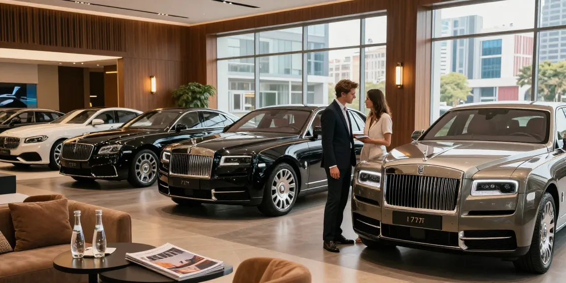 Momen elegan di showroom mobil mewah LUXURY 777 dengan pasangan yang sedang menilai desain kendaraan premium.