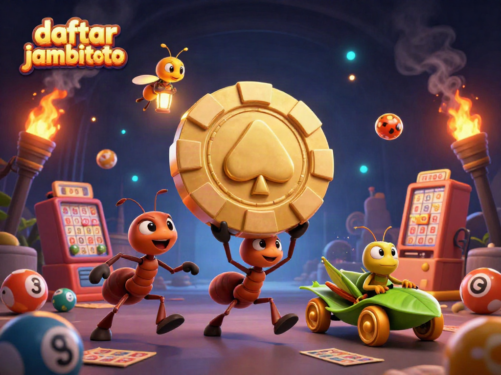 Experience the excitement of daftar jambitoto with ants carrying a golden poker chip amidst vibrant lottery elements.