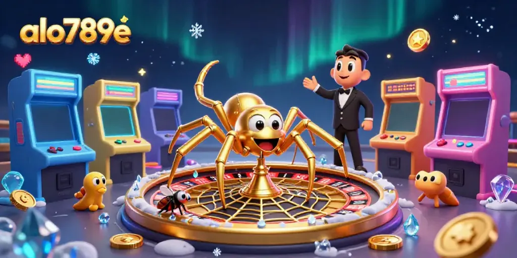 Experience thrilling bets at alo789e with a spider spinning a roulette wheel, capturing casino excitement and energy.
