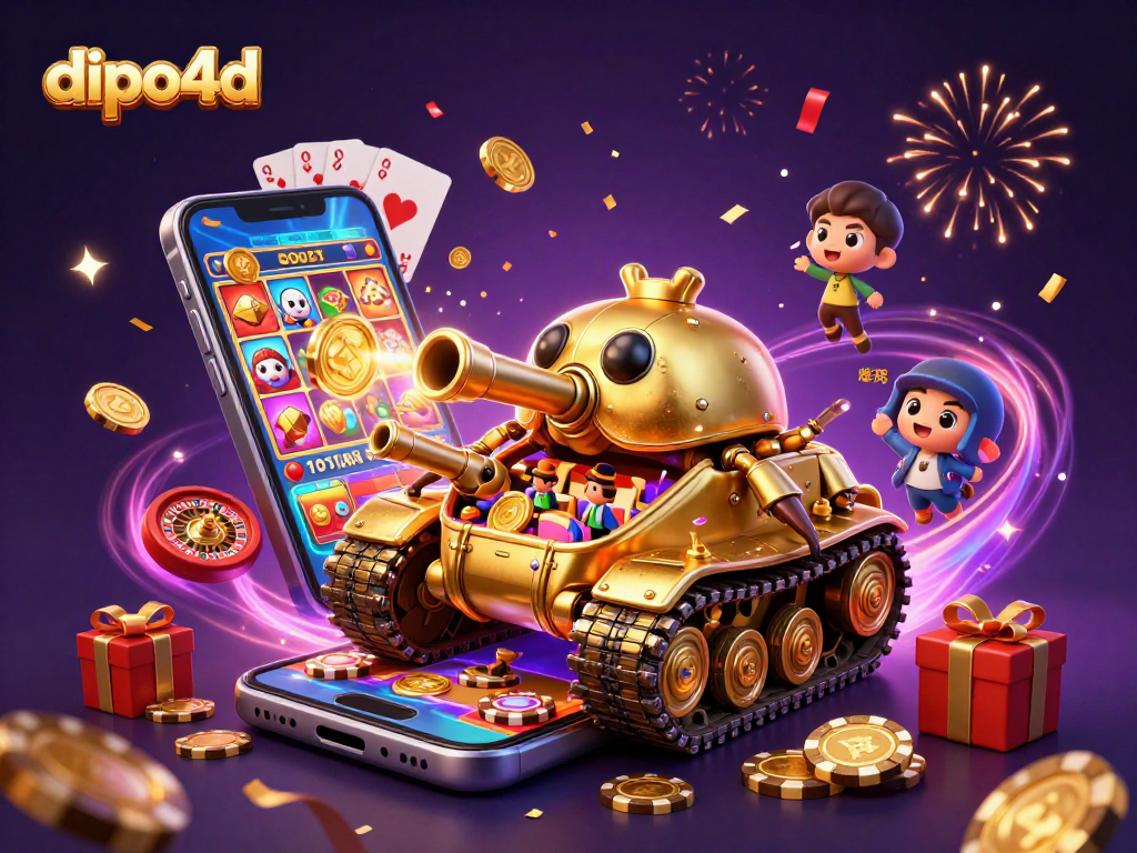 Experience the excitement of dipo4d with a golden beetle tank casino and vibrant mobile gaming elements.