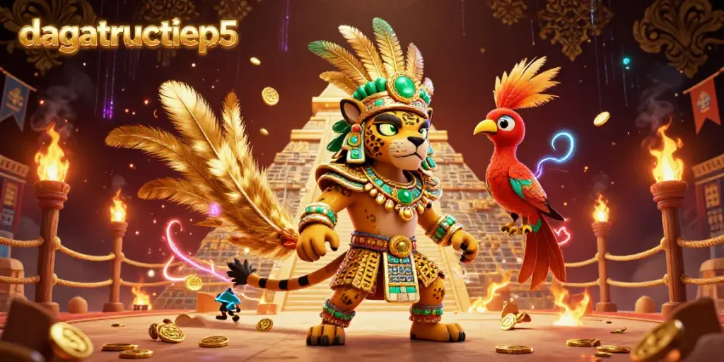 Experience the thrilling atmosphere of dagatructiep5 with a vibrant 3D illustration of a Mayan jaguar priest and quetzal bird.