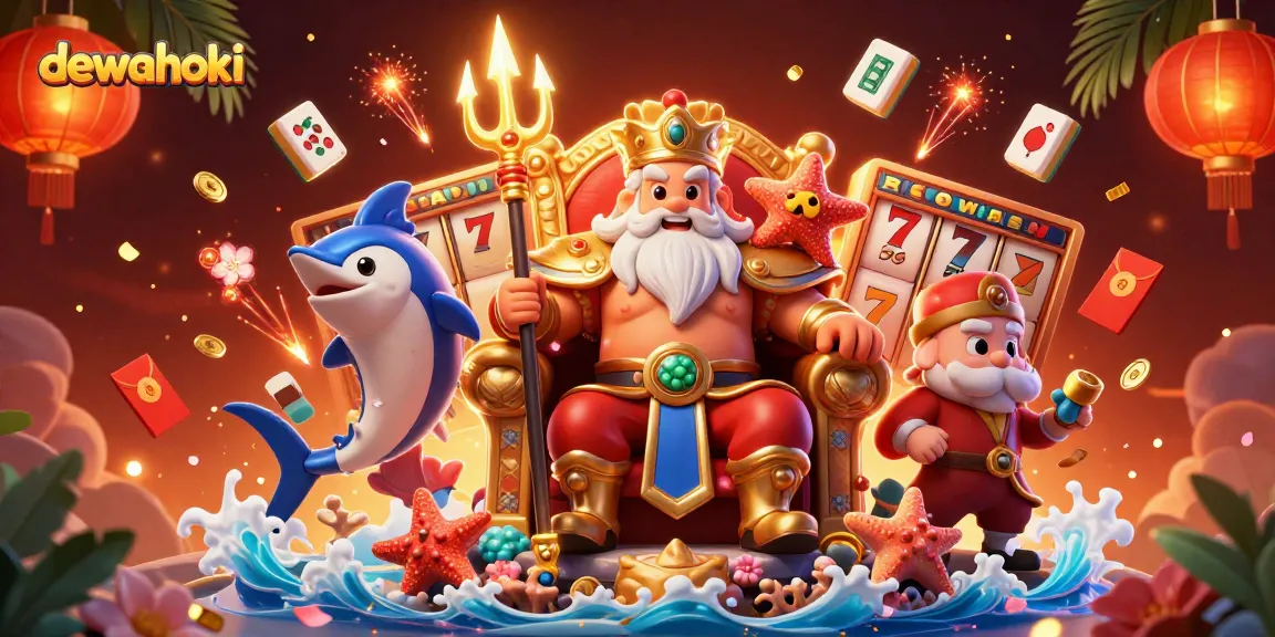 Dewahoki slot gaming scene featuring a 3D cartoon sea king and vibrant casino elements for engaging gameplay.