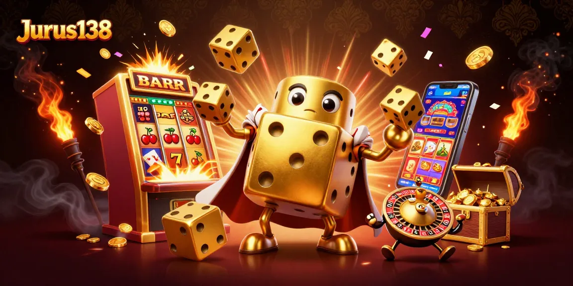 Win big with Jurus138 in a vibrant 3D casino scene showcasing slot madness and luxury!