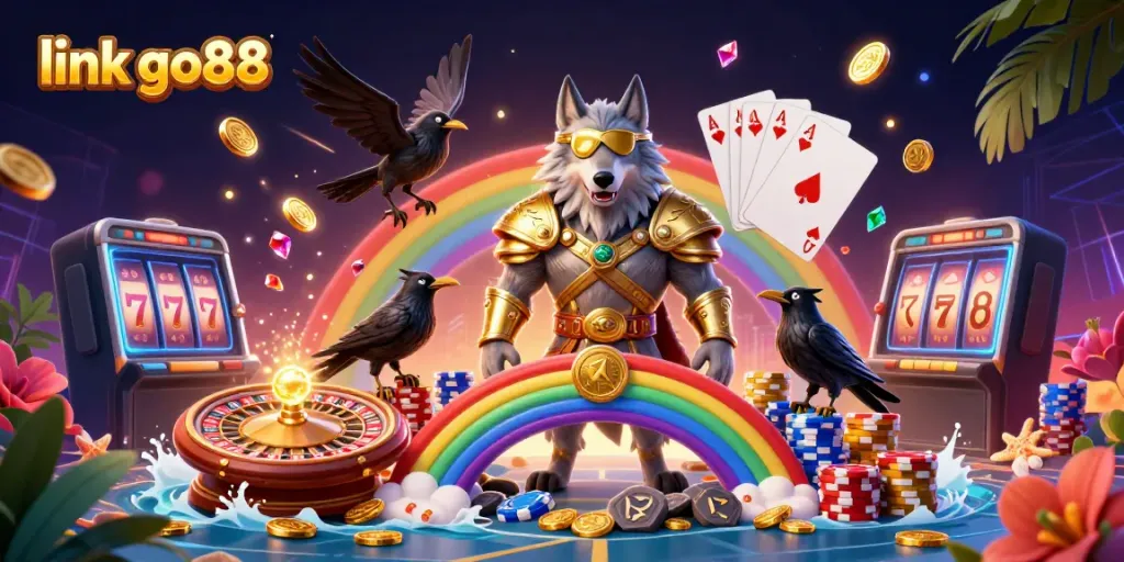 Experience epic wins with the vibrant link go88 illustration, showcasing Odin and ravens amid casino elements.