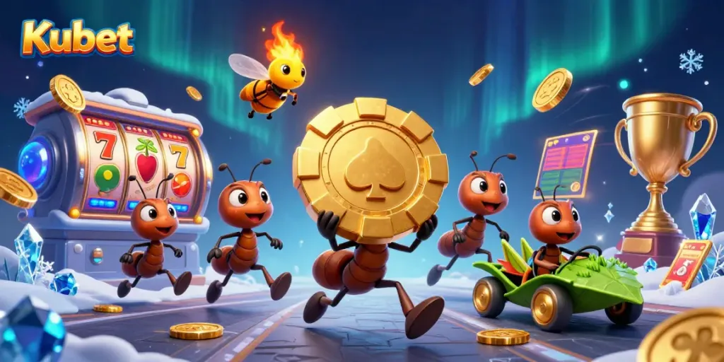 Kubet showcases a lively heist scene with ants, colorful jackpot slots, and gold coins, epitomizing casino excitement.
