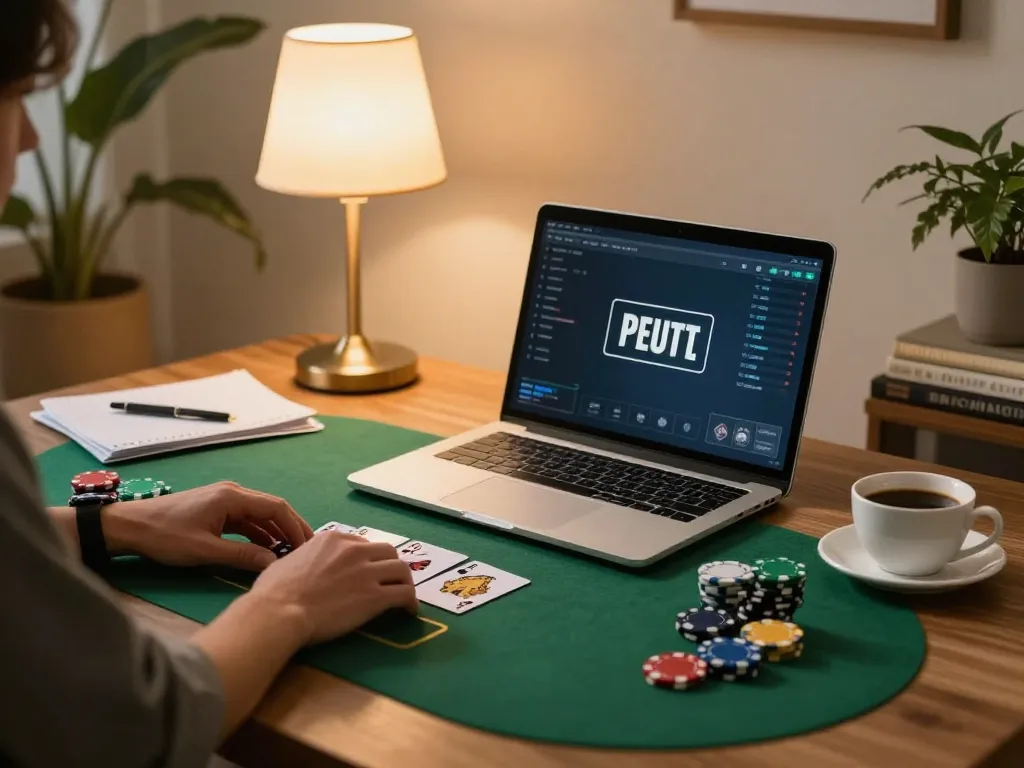Engaging poker gameplay with TG88 on laptop showcasing strategic betting in a cozy home setting.