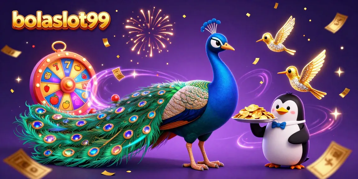 Experience the vibrant fun of bolaslot99 with our 3D illustrated peacock and gaming excitement.