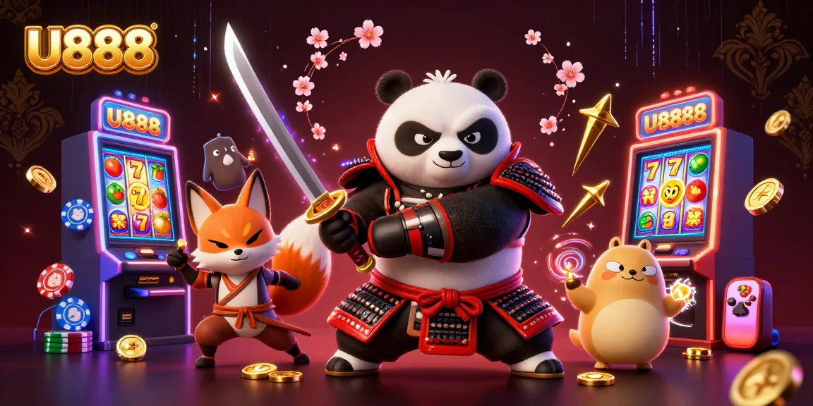 Join the thrill with U888's samurai panda and ninja fox in a dynamic casino game scene.