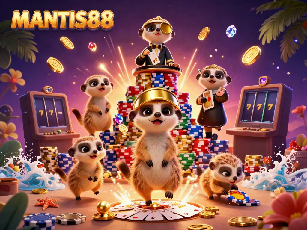 Experience the excitement of MANTIS88 with playful meerkats managing a vibrant casino scene.