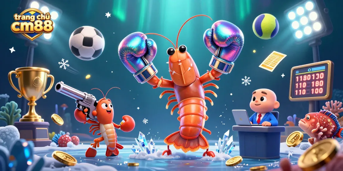 Experience the action on trang chủ cm88 with vibrant casino elements featuring a mantis shrimp and sports themes.