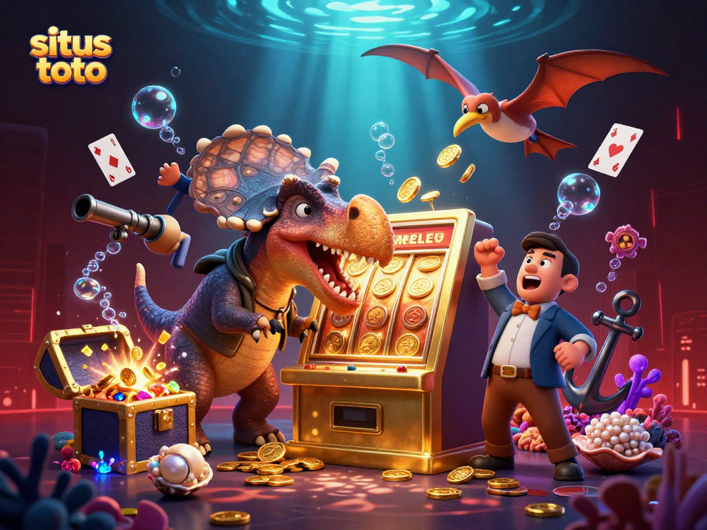 Slot jackpot dari situs toto yang menghebohkan dengan dinosaurus dan koin emas terbang.