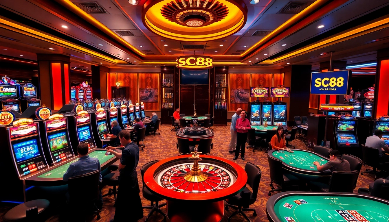 Exciting SC88 casino scene featuring poker tables, slot machines, and a roulette wheel.