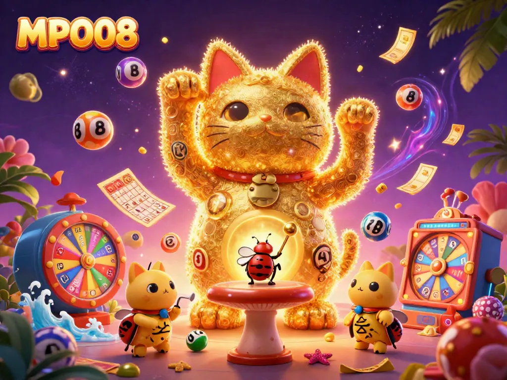 Engage with MPO08's vibrant lottery scene showcasing a giant lucky cat and colorful elements.