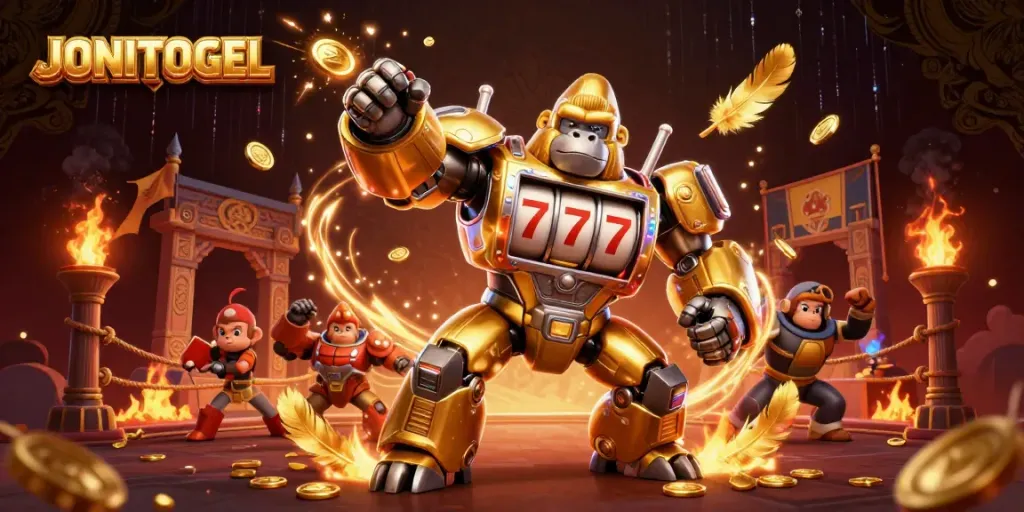 Experience JONITOGEL's thrilling gameplay with a dynamic 3D illustration of a golden gorilla mech.