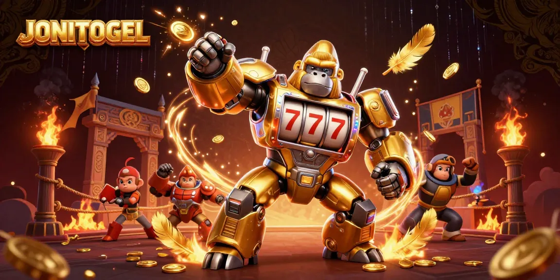 Experience JONITOGEL's thrilling gameplay with a dynamic 3D illustration of a golden gorilla mech.