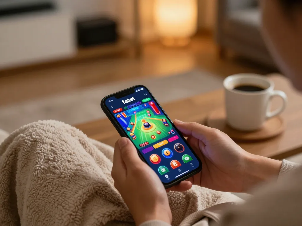 Person using fabet app on smartphone while enjoying home gaming experience