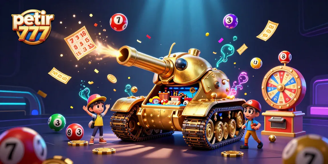 Experience the excitement of petir 777 with a dynamic casino illustration featuring vibrant lottery elements and golden tokens.