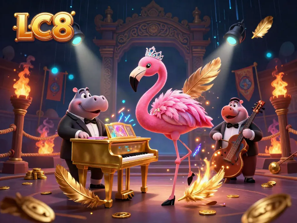 Experience the excitement of LC8 with our vibrant casino scene featuring a flamingo singer and hippo bassist.