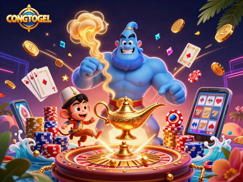 Win big with CONGTOGEL in this vibrant 3D casino illustration featuring a magical genie.