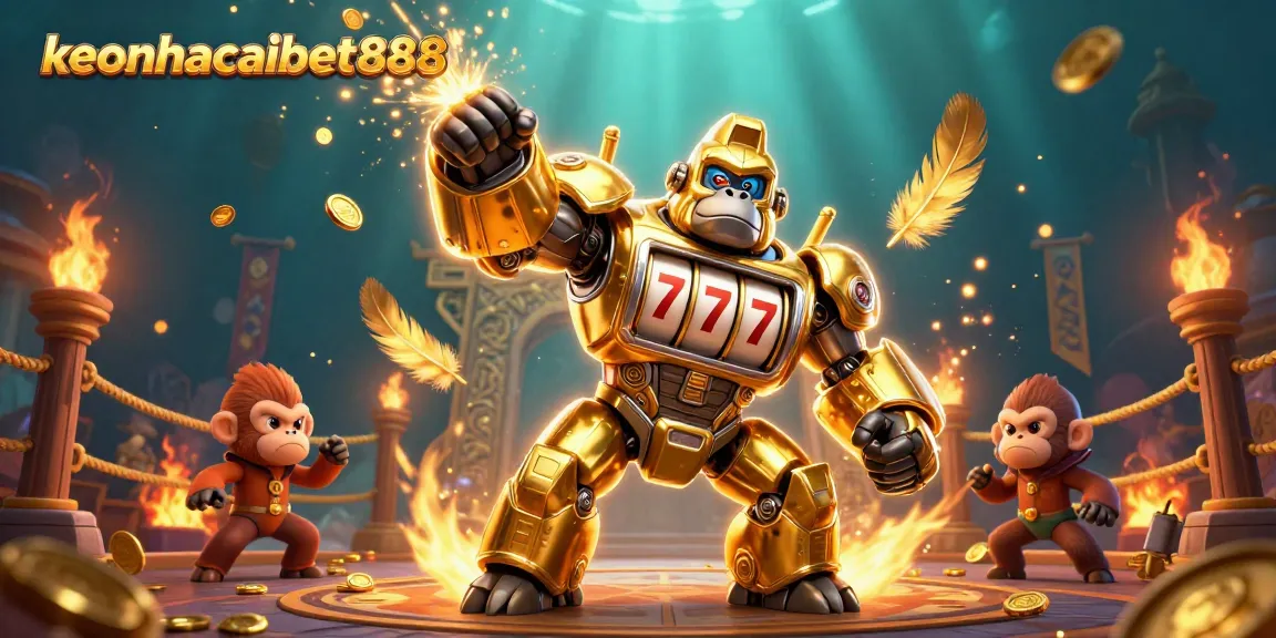 Engage with keonhacaibet888's vibrant 3D casino action scene showcasing a dynamic gorilla mech and rich casino elements.