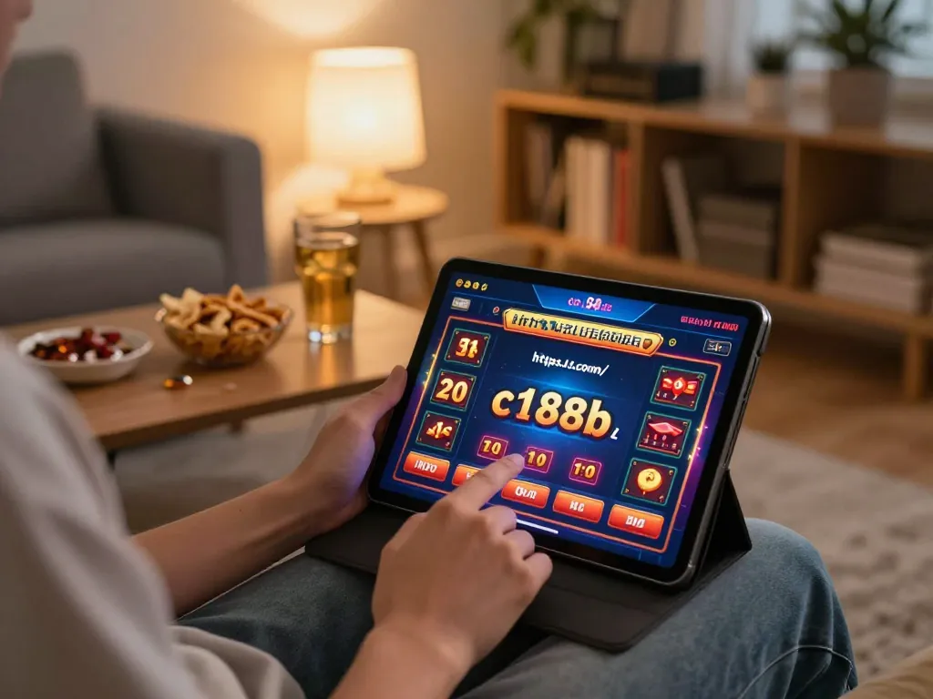 Engaging with https://c168b.com/ on a tablet, displaying an interactive casino game in a cozy home atmosphere.