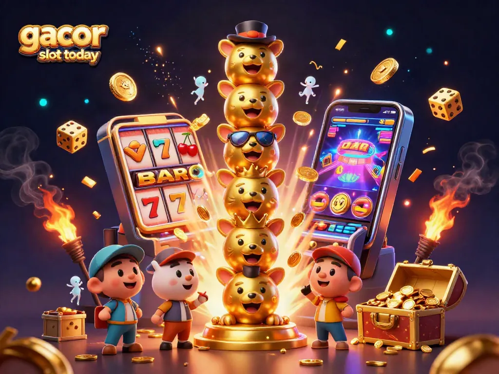 Play Gacor Slot Today with a vibrant 3D casino illustration showcasing dynamic gaming elements and exciting features.