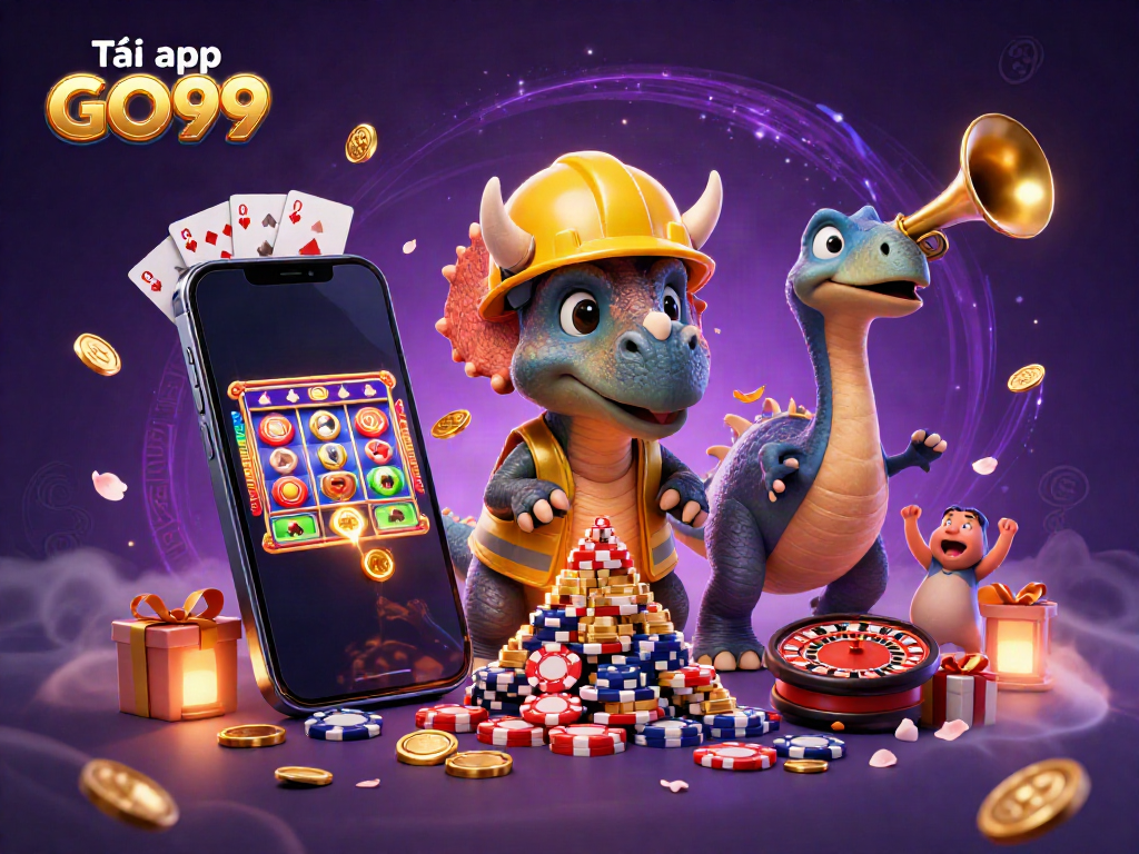 Betting excitement with Tải app GO99 featuring triceratops, winning poker chips, and a lively gambling atmosphere.