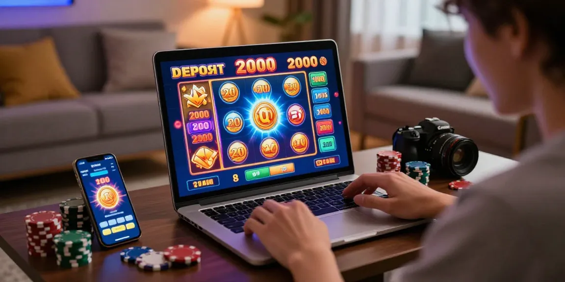 Permainan slot deposit 2000 di ruang tamu modern dengan grafik jackpot dan ikon permainan yang cerah.