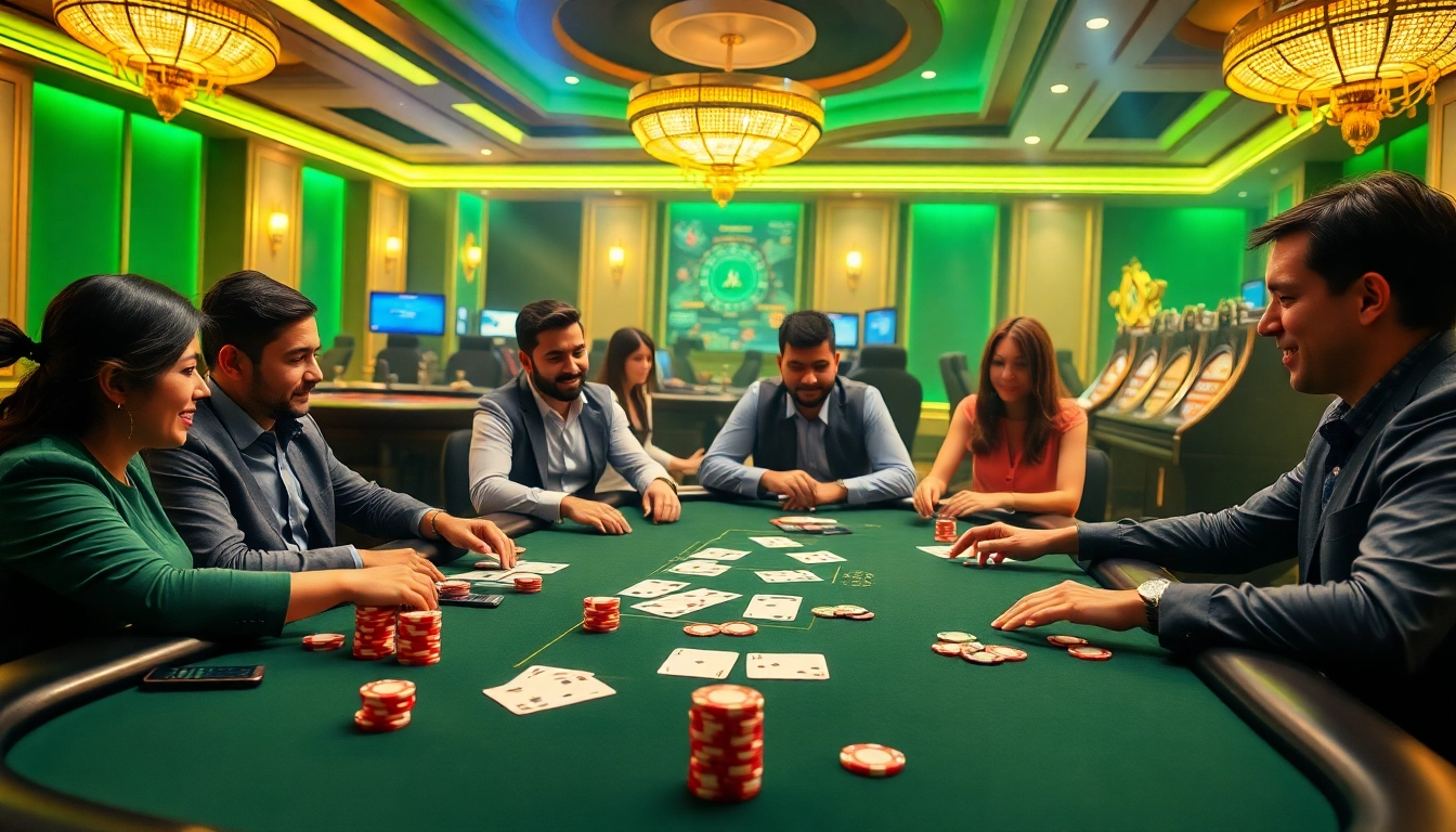 Experience exciting poker online action with players at a sleek casino table, vibrant chips, and cards.